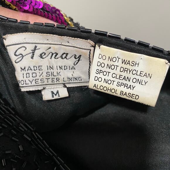 Vintage Sequin Jacket Size Medium Fuchsia Pink Floral Print on Black Silk - Picture 2 of 10